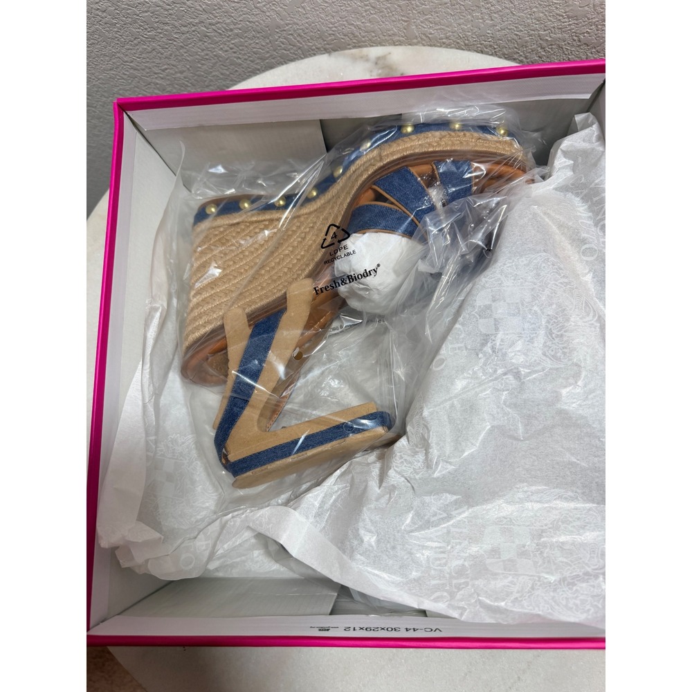 Vince Camuto Poula Denim Espadrille Wedge Sandals Indigo Gold Studded 9M NEW - Picture 11 of 12